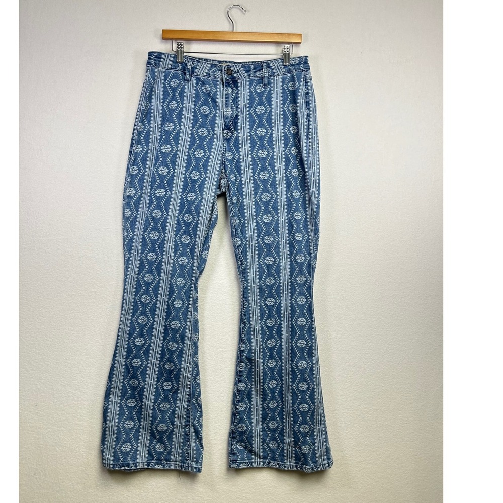 Blue Patterned Flare Jeans